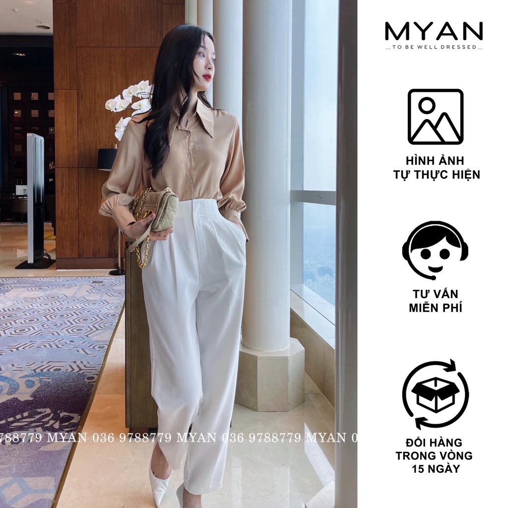 Quần Baggy Nữ - Quần Vải Công Sở 2 Ly Cạp Cao 3 Màu (Trắng, Nâu, Đen) MYAN - Qvn072101