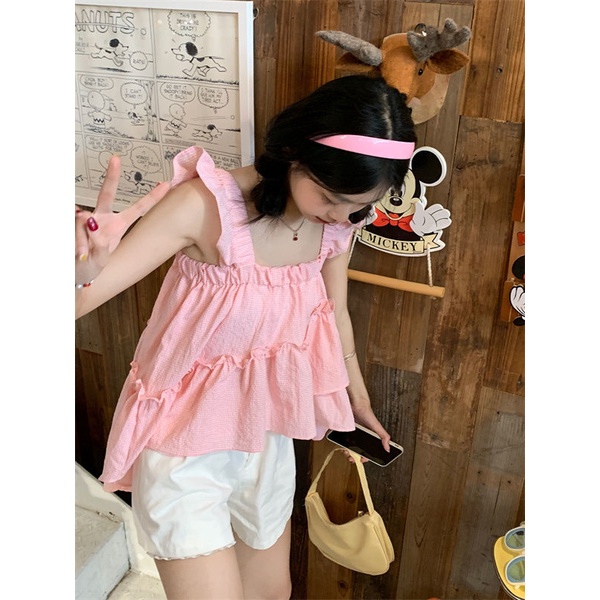 Áo Cotton Hai Dây Nhún Bèo Họa Tiết Kẻ Sọc Phong Cách Retro Phương Tây Thời Trang Mùa Hè Hàng Mới