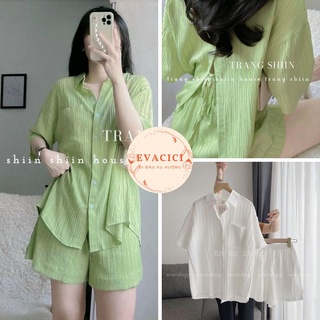 Set đồ nữ bộ đồ áo sơ mi cộc tay thắt nơ xẻ lưng kèm quần short chất đũi xốp siêu mát