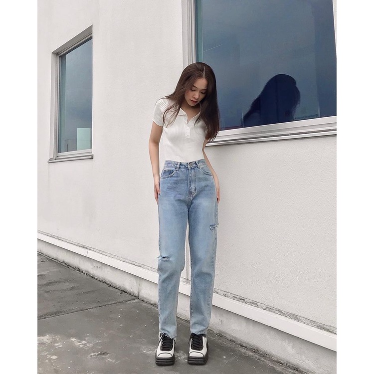 Quần jean baggy trơn túi nhỏ nữ, quần bò lưng cao form đẹp đi học ulzzang nữ (rách)