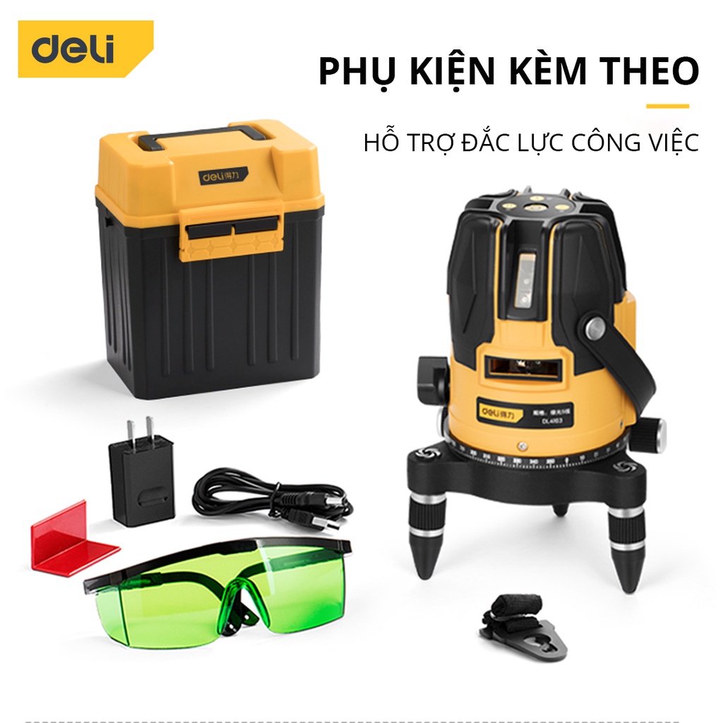 Máy Cân Bằng Laser 5 Tia Màu Xanh DELI - Chế Độ Pin Kép, Chống Nước, Chống Bụi - Đầy Đủ Phụ Kiện - Mã SP DL4163