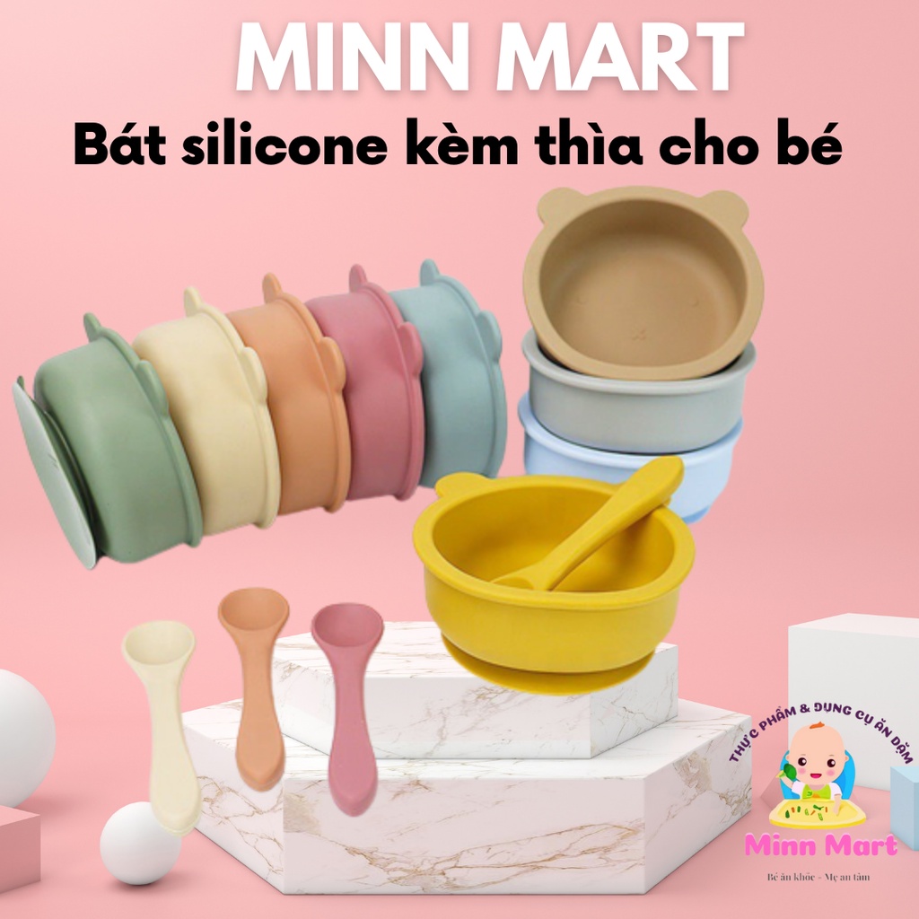 Bộ chén thìa ăn dặm, Bộ bát thìa ăn dặm cho em bé Silicon hình Gấu đế hút chống lật phong cách Hàn chất liệu an toàn