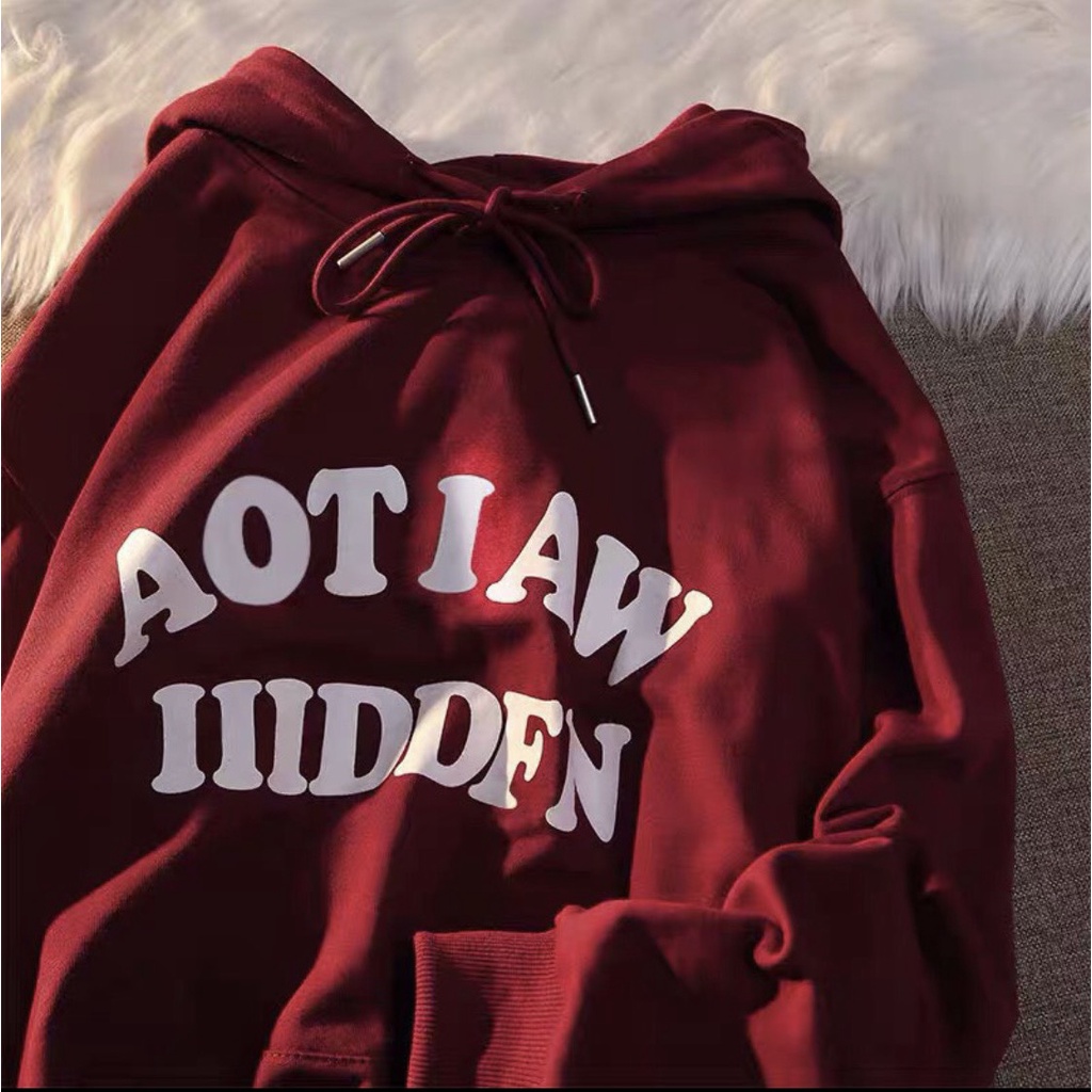 Áo Nỉ Có Mũ , Áo Hoodie Màu Đỏ Đô Hottrend Họa Tiết Nổi Bật Trước Ngực , Chất Liệu Cotton