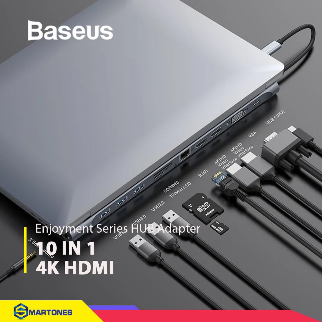 USB HUB Type C Baseus Enjoyment Series 10 in 1 USB 3.0, HDMI, TF SD , Lan, VGA, PD 60W, Jack 3.5mm cho Macbook, laptop.