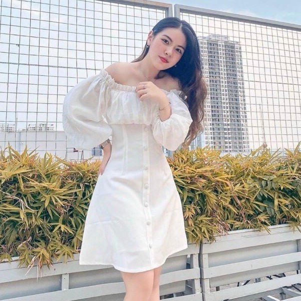 Váy trắng trễ vai triết eo tay bồng tiểu thư xinh xắn / Đầm trắng tiểu thư Hàn quốc | BigBuy360 - bigbuy360.vn