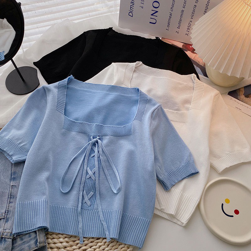 Áo Croptop Dệt Kim Cổ Vuông Màu Sắc Đơn Giản Cho Nữ