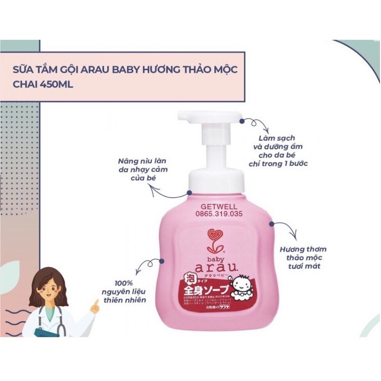 Sữa tắm gội cho bé Arau Baby Nhật Bản dạng túi 400ml , chai 450ml