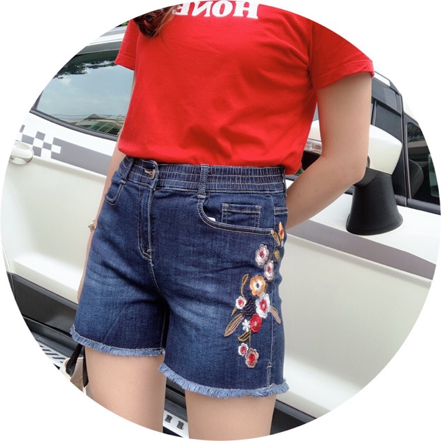 Quần short jean thun lai tua thêu hoa từ 45kg đến 75kg