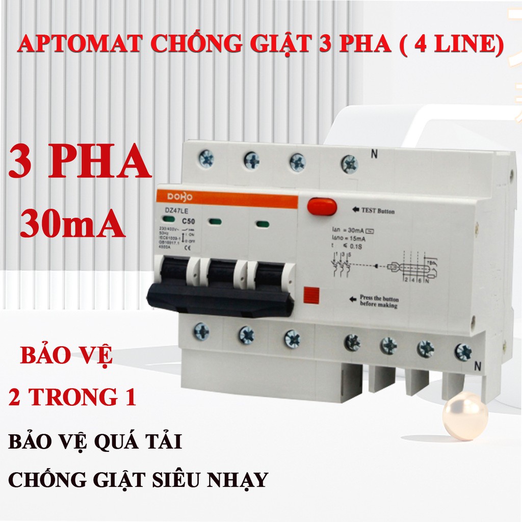 [HÀNG CHÍNH HÃNG] Cầu Dao Chống Giật 3 Pha 380V RCCB DOBO KOREA siêu nhạy - 4.5kA 30mA (Aptomat chống giật)
