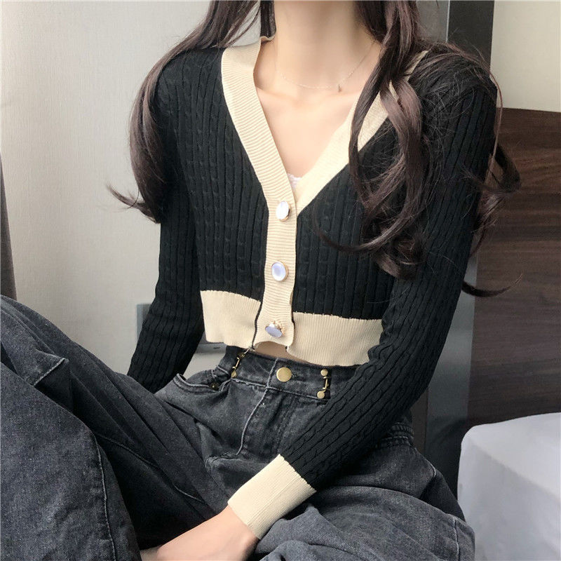 Áo Cardigan Dệt Kim Tay Dài Cổ Chữ V Màu Tương Phản Hợp Thời Trang Cho Nữ