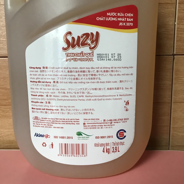 Nước rửa chén bát Suzy 4kg chất lượng NHẬT BẢN hương Quế