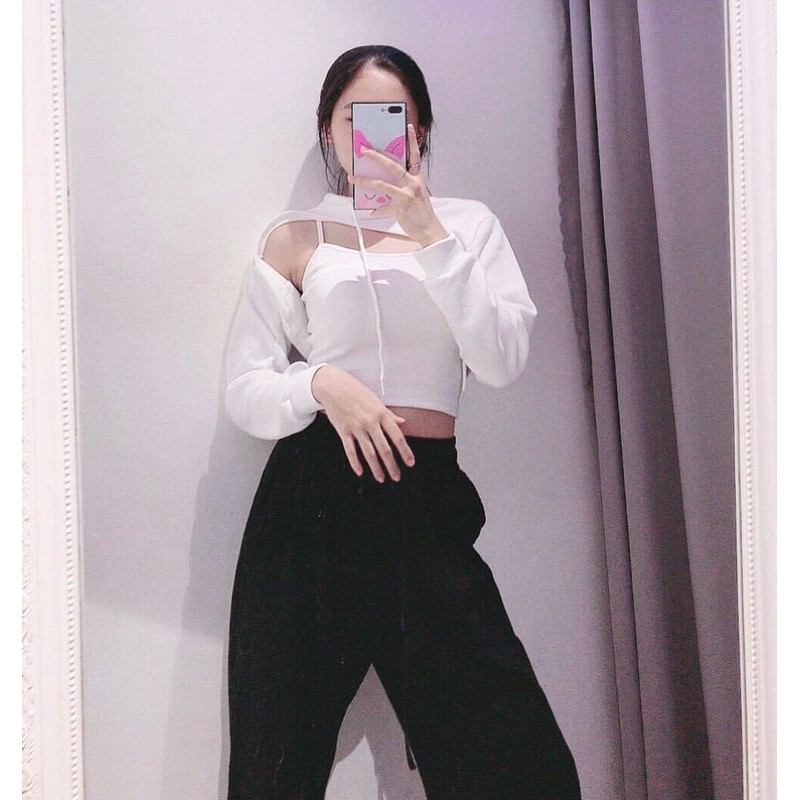 Set Áo Hoodie croptop Sporty kèm áo 2 dây trắng đen xám hồng