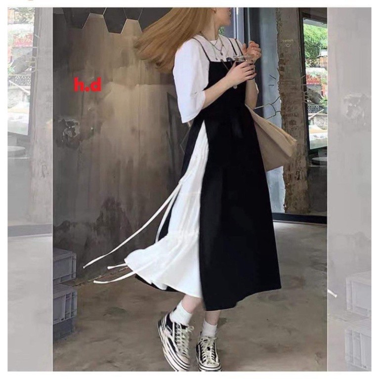 Sét yếm buộc eo phối trắng + áo cotton HĐ0421