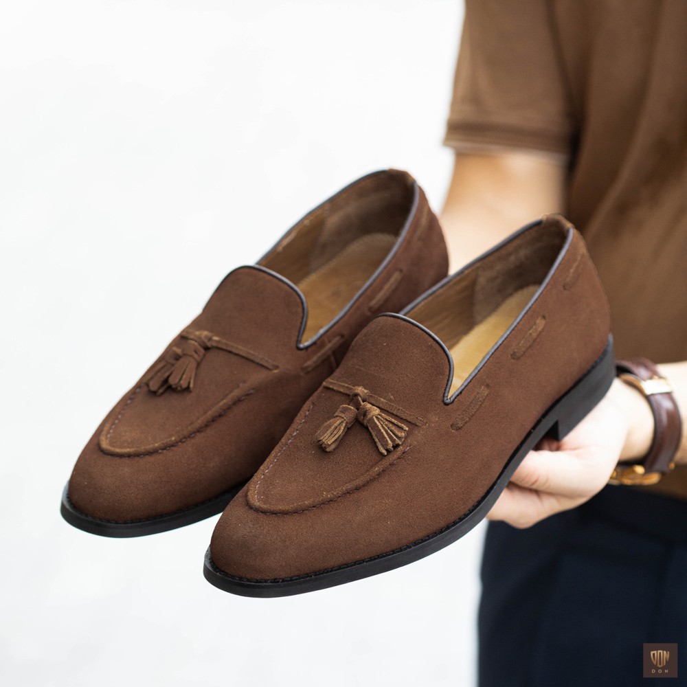 Giày Lười Nam Tassel Loafers Don Italiano Da Lộn Nâu Nhạt