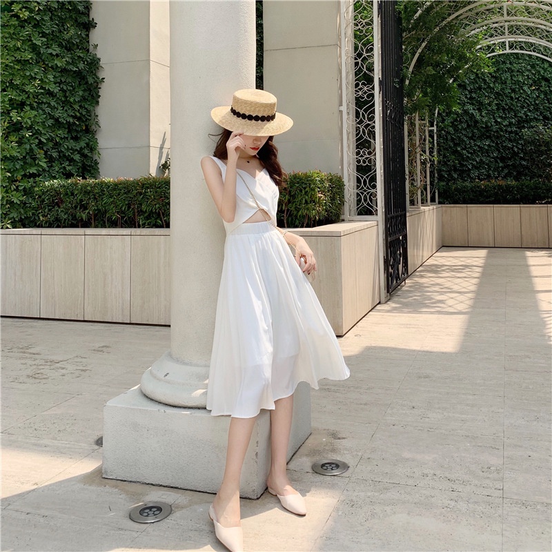 IELGYÁo Đầm Lửng Không Tay Cổ Chữ V Màu Trơn Có Khóa Kéo Thời Trang Cho Nữ