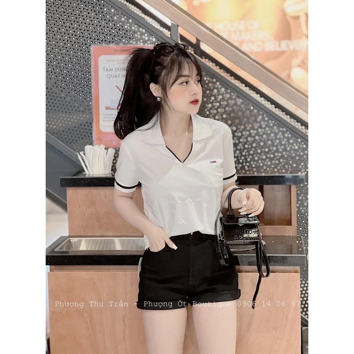 Áo polo nữ trắng tay ngăn cổ V phong cách hàn quốc