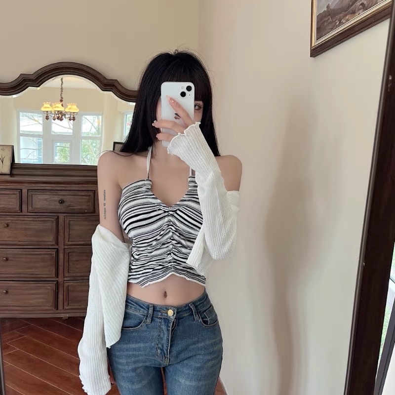 set áo len dệt kim : áo quây yếm da beo &amp; khoác mỏng lửng (500032#)