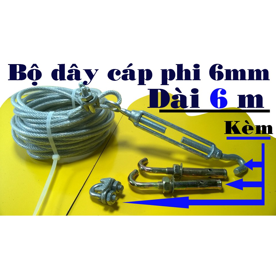 Dây cáp bọc nhựa 6mm dài 6m kèm 2 khóa cáp 2 nở sắt móc 1 tăng đơ. Dây phơi quần áo thông minh