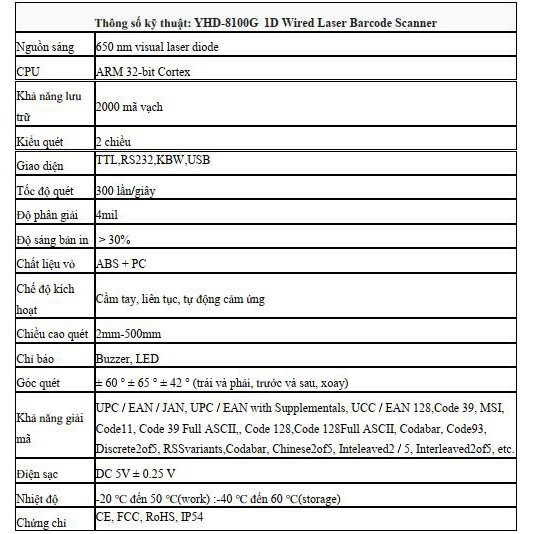 Máy quét mã vạch tự động cảm ứng YHD 8100G 1D có dây kết nối Máy tính