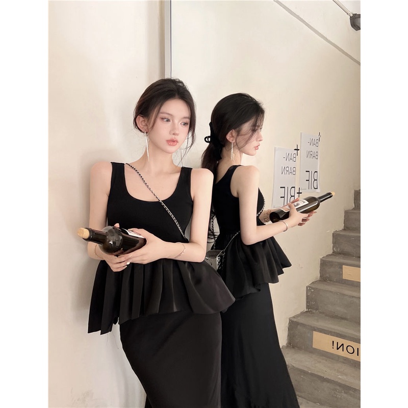 Set Áo Hai Dây Cổ Chữ V + Chân Váy Đuôi Cá Lưng Cao Phối Ren Màu Đen Phong Cách Hàn Quốc Thời Trang Mùa Hè Cho Nữ