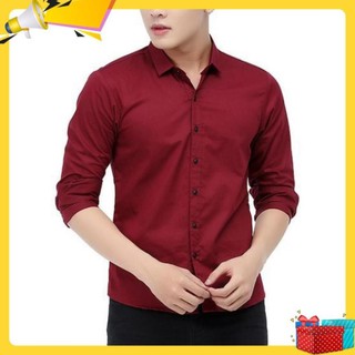 ÁoSơ mi nam Hàn Quốc vải lụa đẹp trơn màu đỏ đô số lượng có hạn