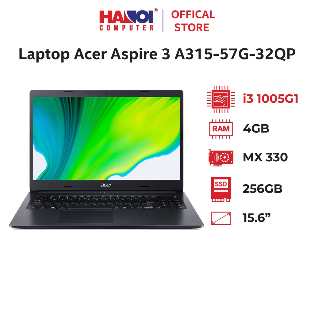 Laptop Acer Aspire 3 A315-57G-32QP (NX.HZRSV.00A) (i3 1005G1/4GB RAM/256GB SSD/ MX330 2G/15.6 inch FHD/Win 11/Đen)