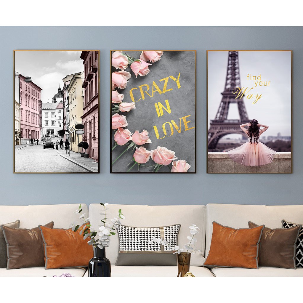 TRANH BỘ 3 CANVAS - HOA LA THIÊN NHIEN THÁP EIFFEL PARI - MELYHOME- KEM KHUNG