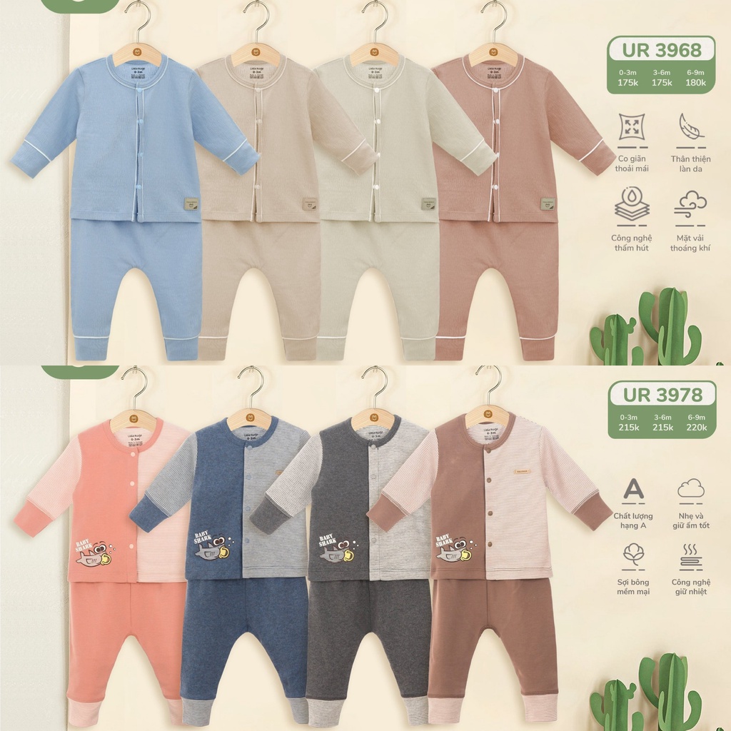 Quần áo sơ sinh cúc giữa thu đông cho bé Ualarogo 0-9 tháng dài tay giữ nhiệt vải Cotton nỉ mềm