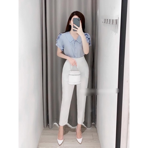 Áo sơ mi cộc tay G199 CÓ BIGSIZE tay phối bèo rất nữ tính, thời trang thiết kế công sở hay đi học đều hợp - GEM Fashion