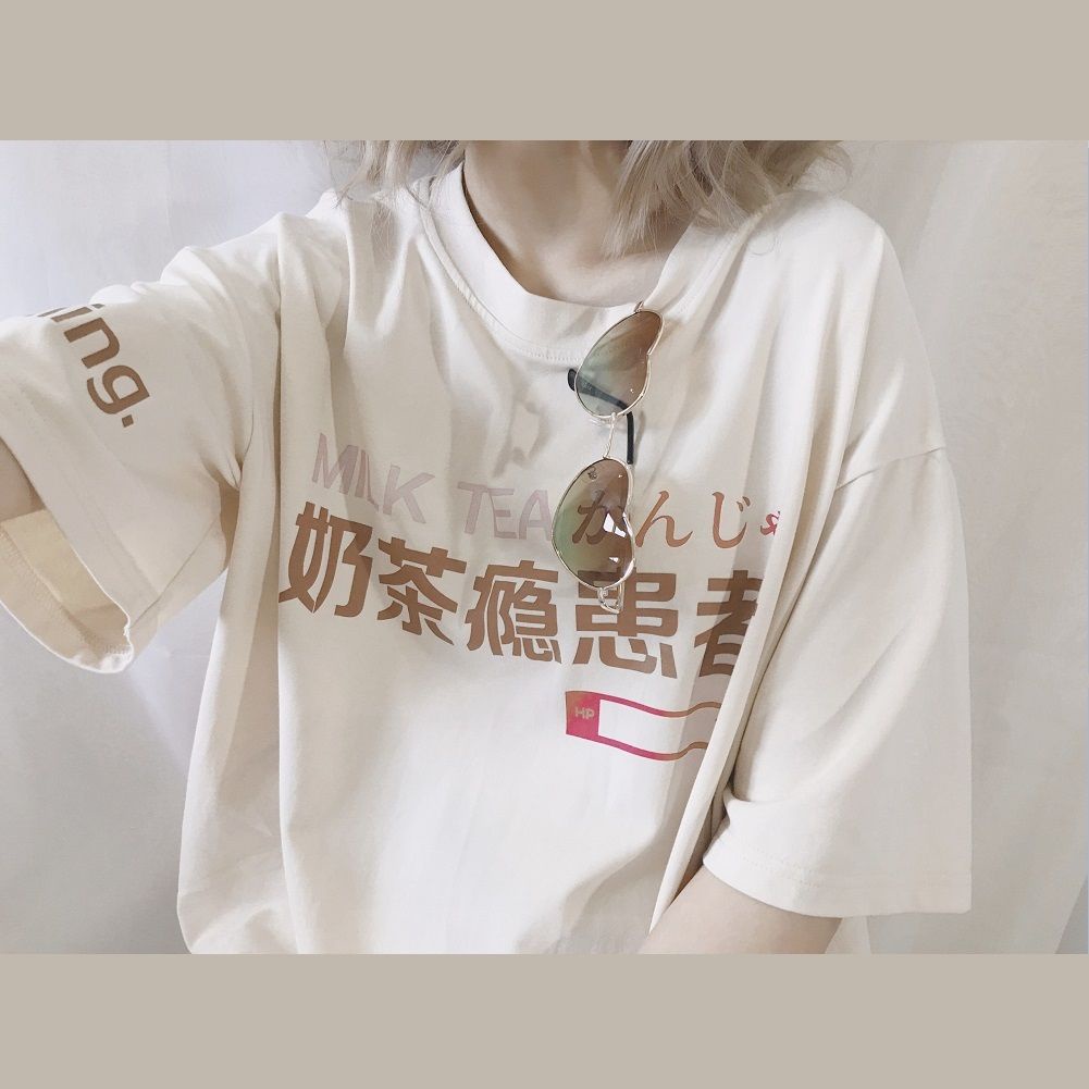 Áo Thun Nữ Ngắn Tay In Chữ Phong Cách Retro Nhật Bản