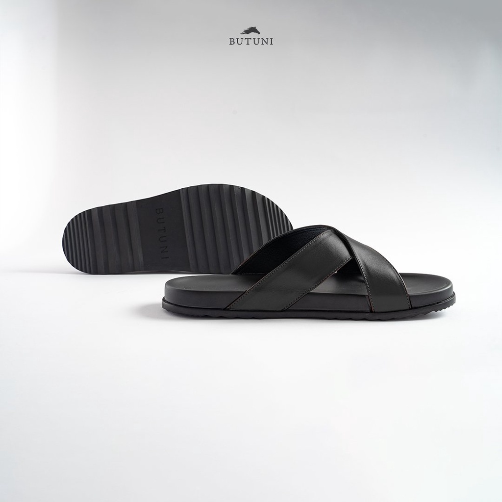 Dép quai chéo da bò full-grain Butuni Cross Slippers - BH da thật 12 tháng - Đen