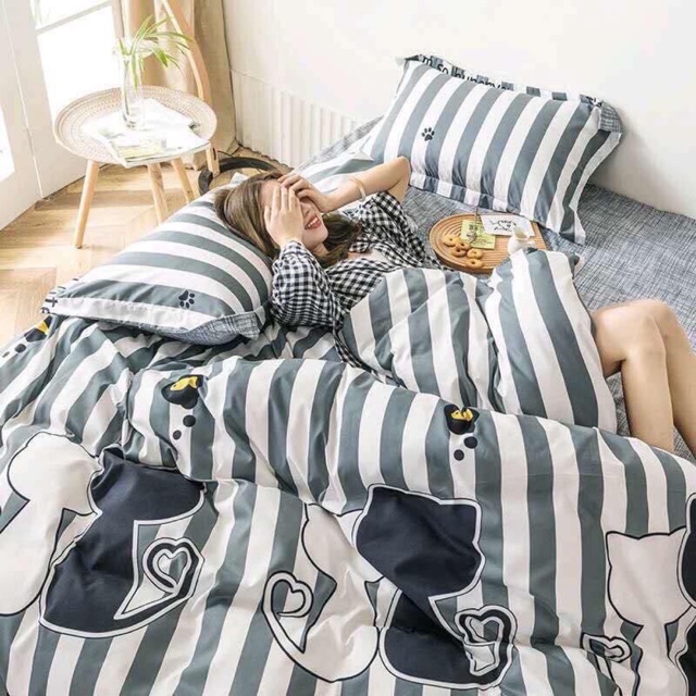 Bộ Chăn Ga Mèo Kẻ Đen Set 4 món Chăn Ga Gối Poly Hàn quốc