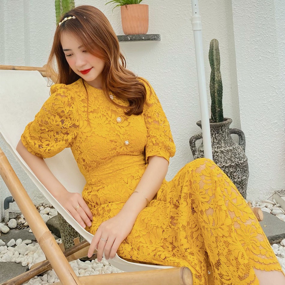 Đầm ren hoa MIMIX váy tay phồng đính cúc ngọc phối chân đuôi cá 5 màu ôm eo AQ9205 | BigBuy360 - bigbuy360.vn