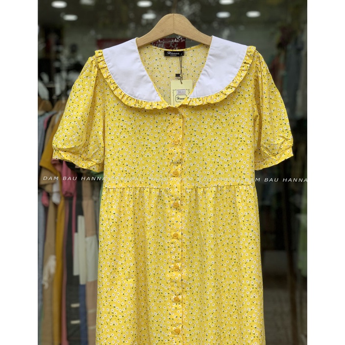 [HANNA] Đầm bầu công sở hoa nhí vải lụa cao cấp mềm mát không nhăn có size 80kg tay kiểu dễ thương dài đến gối có túi