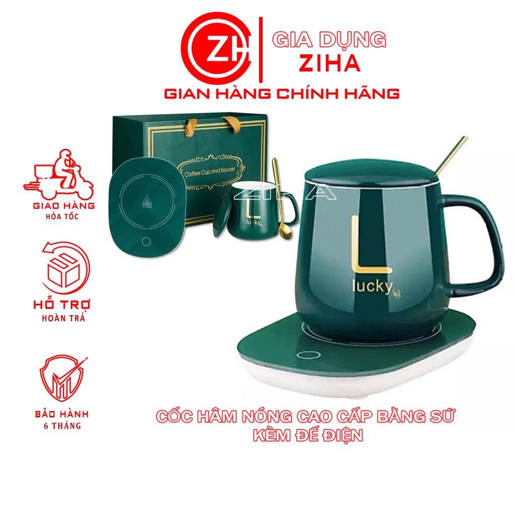 Cốc hâm nóng cao cấp bằng sứ kèm đế điện, Ly sứ kèm đế điện hâm nóng cafe, sữa, trà Tặng kèm thìa mạ vàng