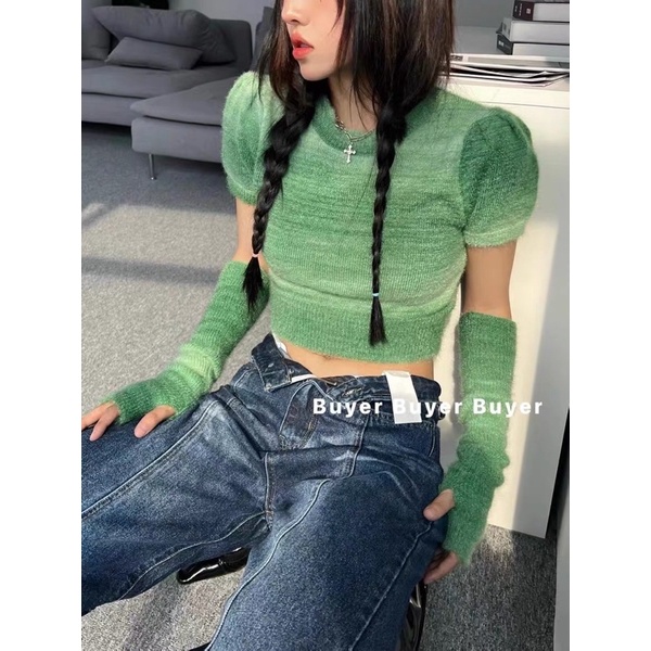 set áo len dệt kim loang màu kèm găng tay xỏ ngón (1607#)