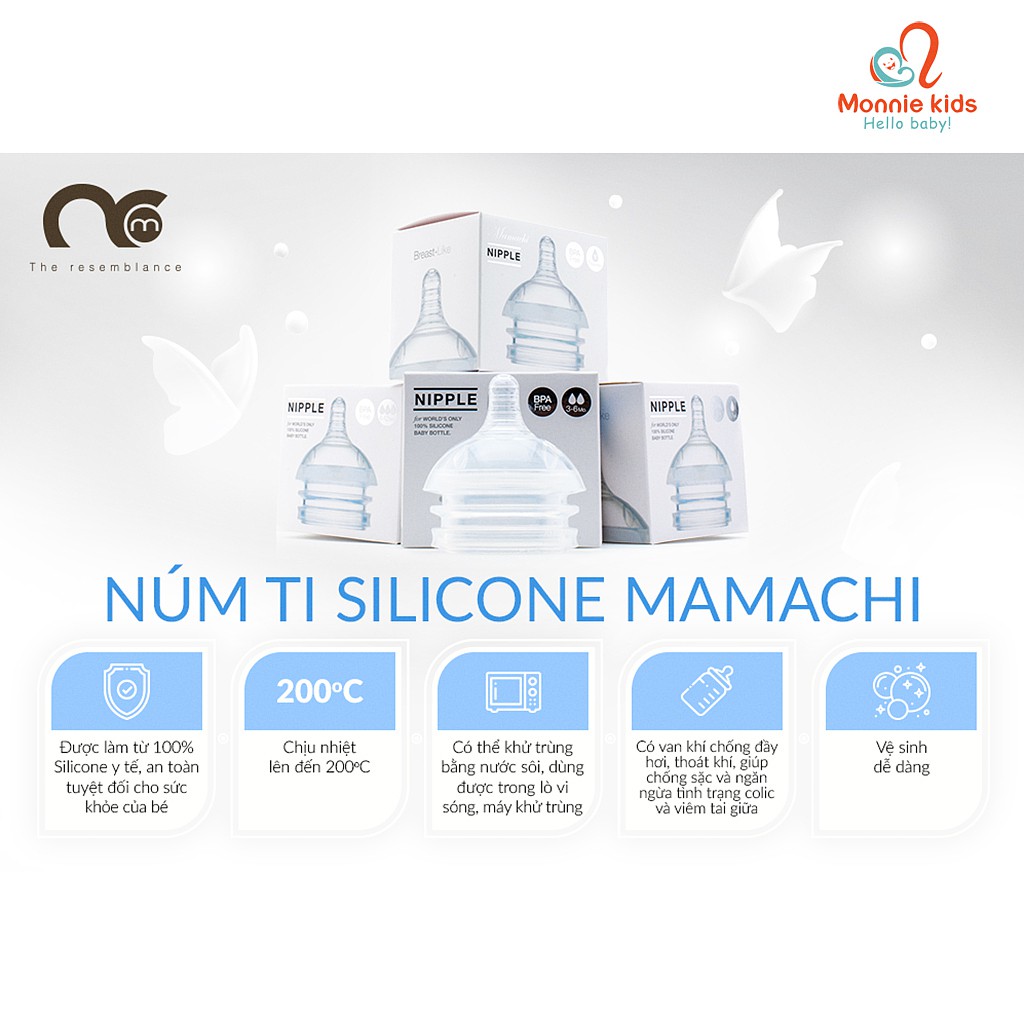 Núm ti bình sữa MAMACHI cho bé 1/2/3, núm ty silicone thay thế - Monnie Kids