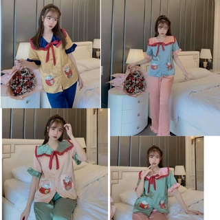Bộ đồ ngủ nữ - Bộ pijama nữ lụa satin quần dài áo cộc cổ bèo nơ