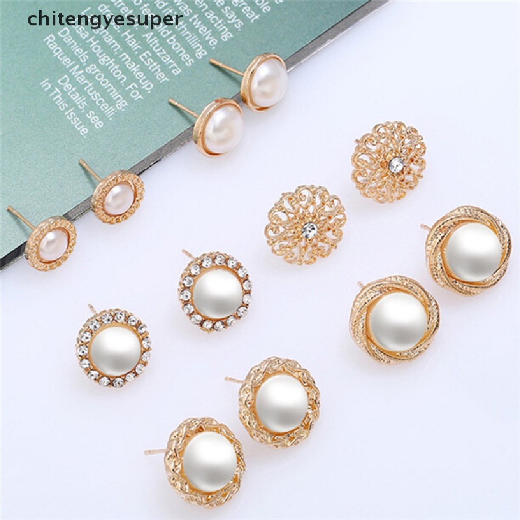 Chitengyesuper 6 Pairs Elegant Crystal Rhinestone Diamond Pearl Sign Ears Tiny Studs Earrings CGS