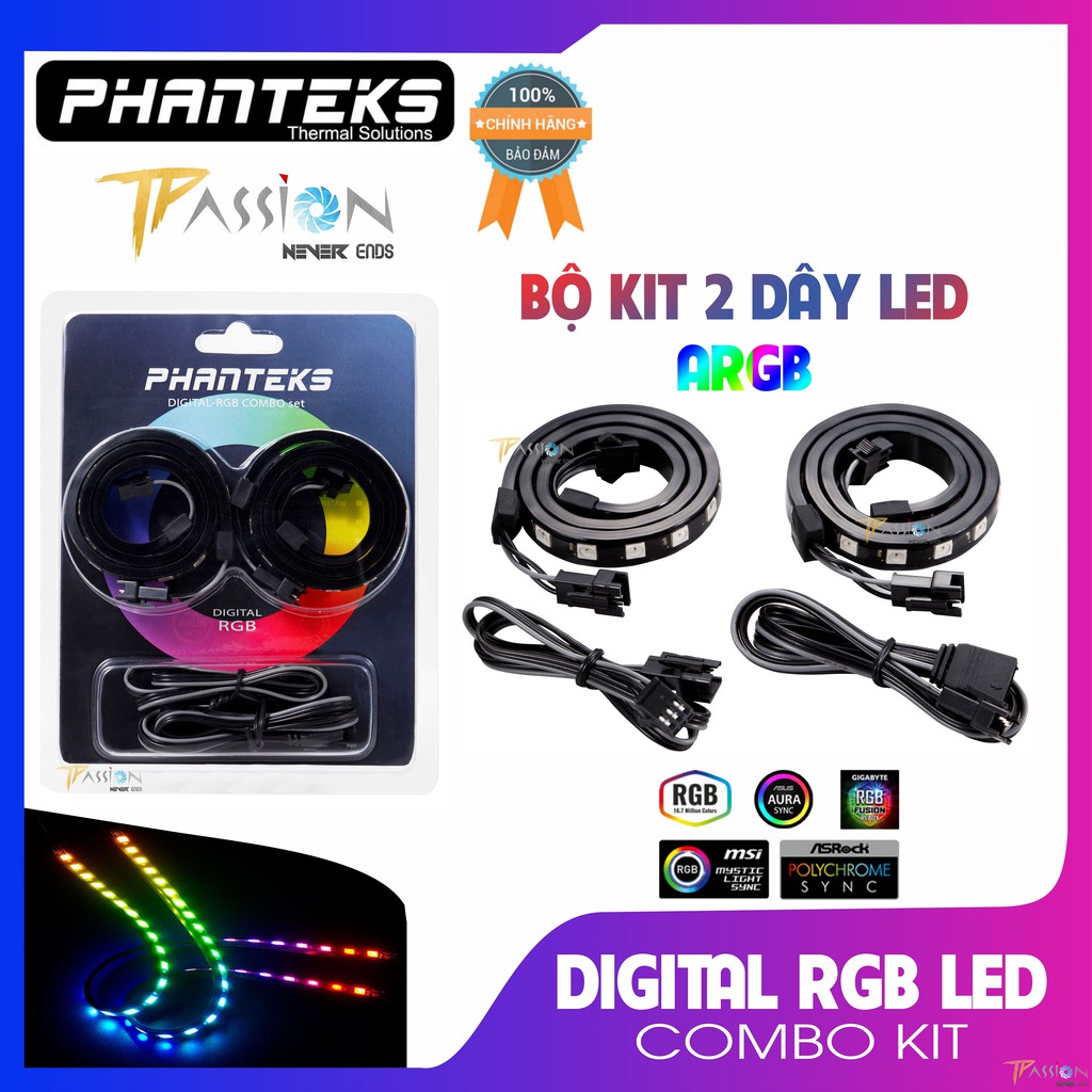 Bộ 2 dây LED Strip Phanteks Digital RGB LED Combo Kit - 30 bóng led, cổng 5v 3-pin, đa màu, rainbow, cực sáng