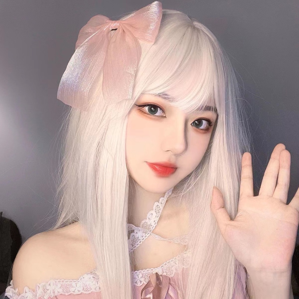 Bộ tóc giả dài mái ngang nhuộm màu trắng phong cách Lolita