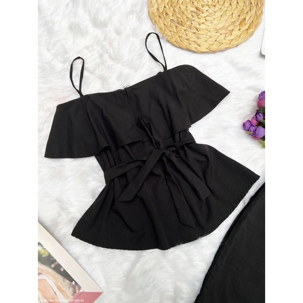 (Có size lớn) Set bộ 2 dây kiểu dáng peplum thắt nơ eo phối quần short ngắn LỤA LINEN cho bạn nữ dạo phố
