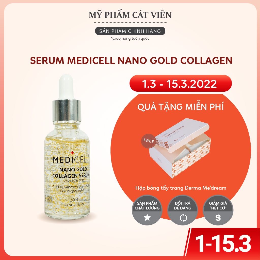 Serum trắng da trẻ hóa Medicell, chăm sóc da mờ thâm, dưỡng ẩm kiềm dầu, se khít lỗ chân lông Nano Gold Collagen