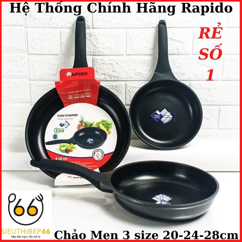 Chảo chống dính Teflon Rapido – size 20-24-28cm, chảo từ men đen, dùng bếp từ, bếp điện, chịu nhiệt lên tới 500 độ