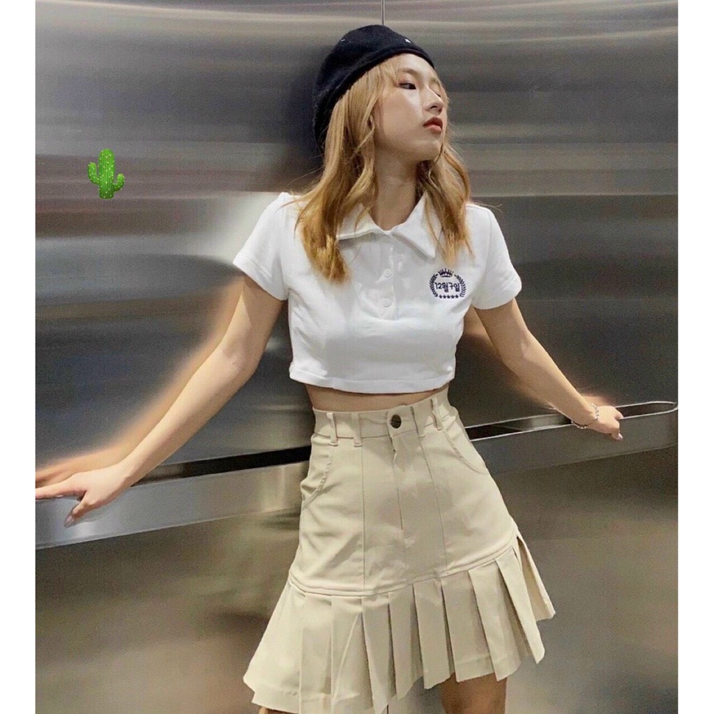 Áo thun croptop tay ngắn cổ bẻ polo thêu bên ngực pc