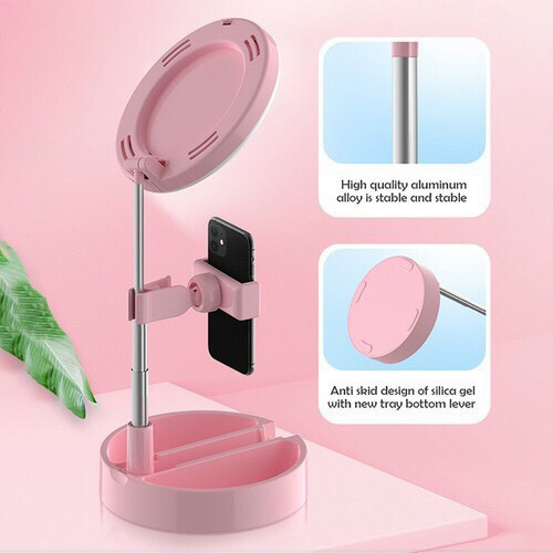 MVP1613 Gương trang điểm gấp gọn có đèn Led Livestream tích hợp giá đỡ và kẹp điện thoại