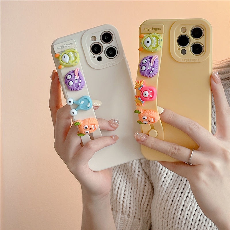 Ốp Điện Thoại Silicon Dẻo Hình Quái Vật Nhỏ 3D Có Dây Đeo Cổ Tay Chống Rơi Cho iPhone X Xs XR 7 8 Plus 13 Pro Max 11