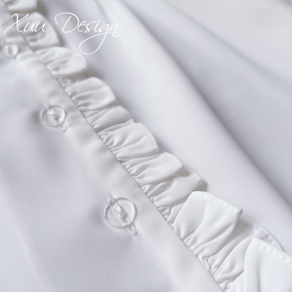 Áo sơ mi trắng nữ thời trang wexuu Design kiểu dáng tay lỡ cổ V phối vạt bèo thanh lịch - SP42