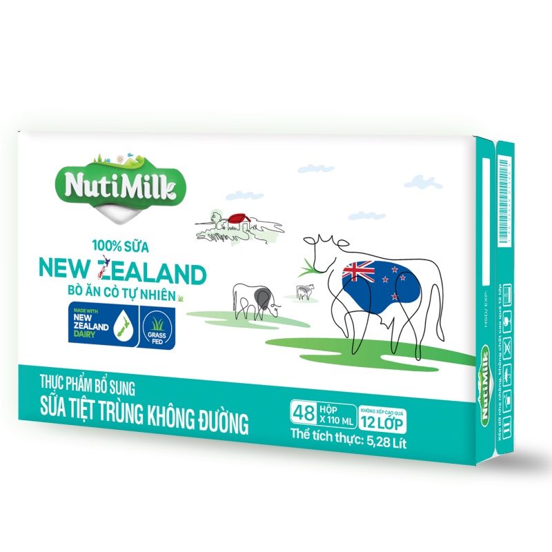 Thùng 48 Hộp NutiMilk 100% Sữa New Zealand Bò ăn cỏ tự nhiên Không đường 110ml TU.NZSKD110YS - NUTIFOOD - YOOSOO MALL