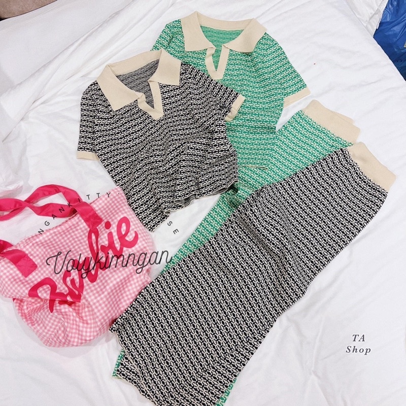 Set Bộ Len Áo Cổ Bẻ Mix Quần Ống Loe Nhẹ Hoạ tiết, Len Mongtoghi Mềm Mỏng